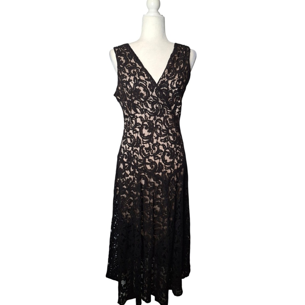 K Studio Collection Black Lace Surplice V-Neck Midi Dress Nude Lining Size 12 - Picture 3 of 16